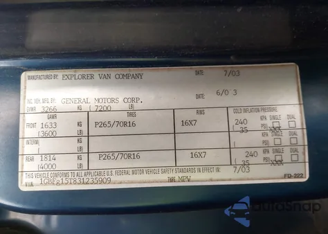 2003 Chevrolet Express Upfitter z USA, uszkodzony, nr VIN 1GBFG15T831235909